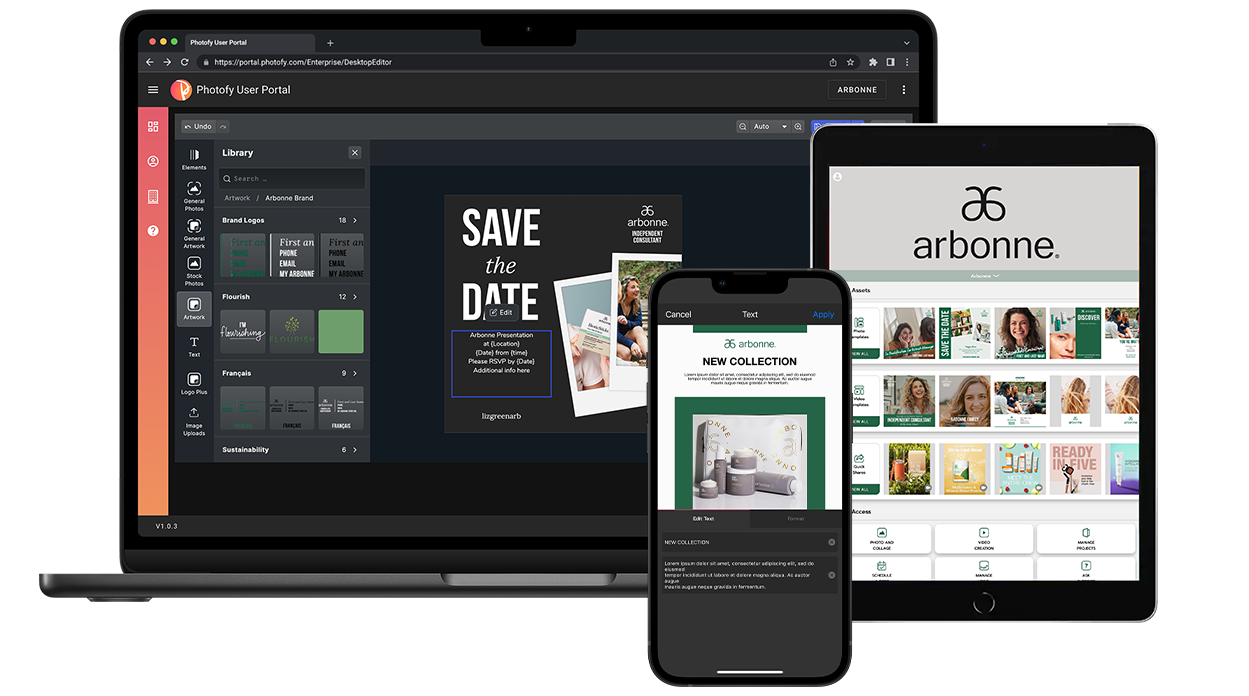 Photofy app on mobile and tablet for Arbonne consultants, featuring easy content creation with exclusive desktop editing access for Photofy for Arbonne subscribers.